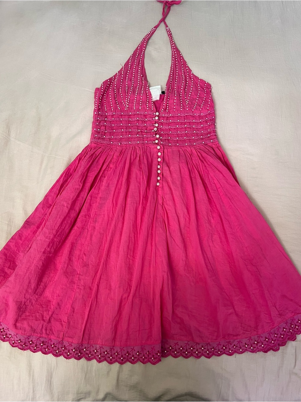 Hot Pink Halter Midi Dress with Beaded Bodice